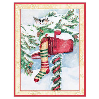 Stocking on Snowy Mailbox Christmas Cards in Cello Pack - 5 Cards & 5 Envelopes