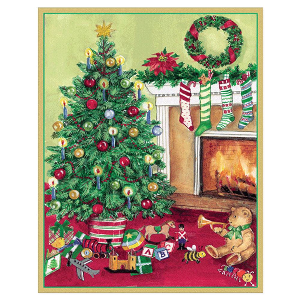 Tree with Fireplace Mini Christmas Cards in Cello Pack - 5 Cards & 5 Envelopes