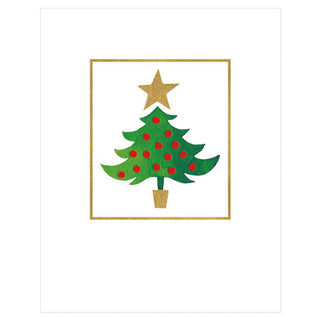 Green Tree & Gold Star Mini Embossed Boxed Christmas Cards - 10 Cards & 10 Envelopes