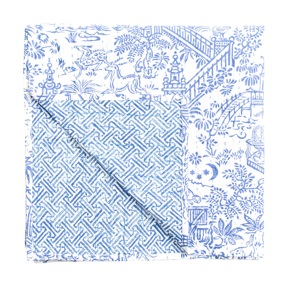 Reversible Kantha Table Cover in Blue & White Pagoda Toile