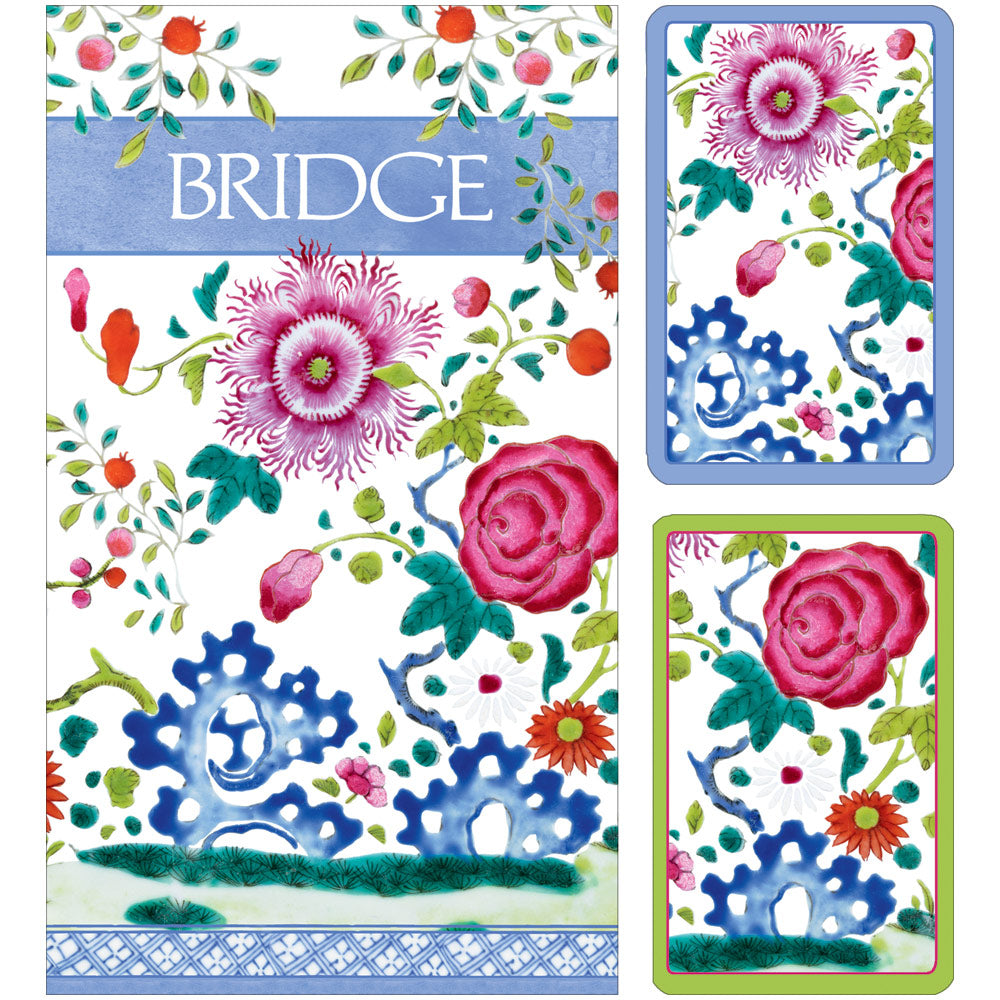 Floral Porcelain Bridge Gift Sets - 2 Playing Card Decks & 2 Score Pads