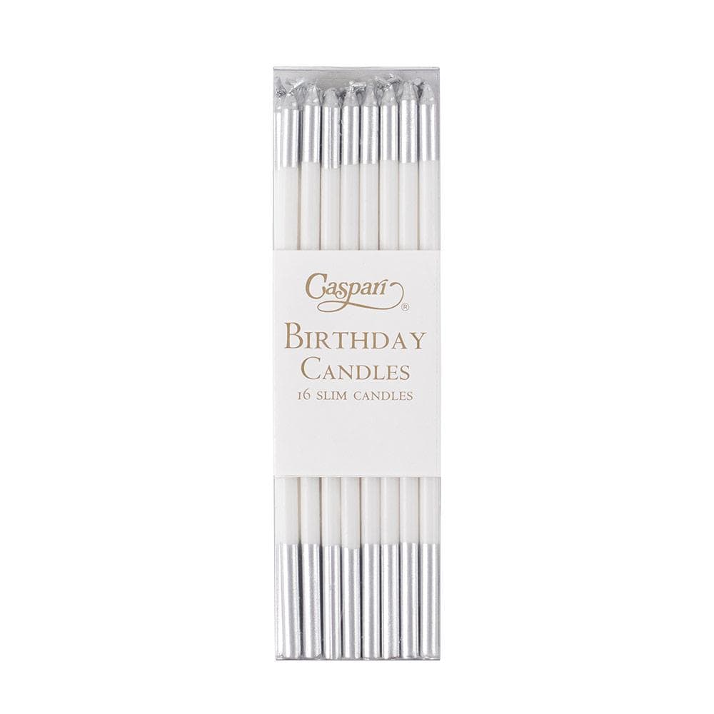 Caspari Slim Birthday Candles in White & Silver - 16 Candles Per Package CA1103
