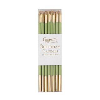 Caspari Slim Birthday Candles in Moss Green & Gold - 16 Candles Per Package CA1106