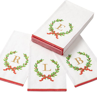 Caspari Christmas Laurel Wreath Single Initial Paper Guest Towel Napkins - 15 Per Package