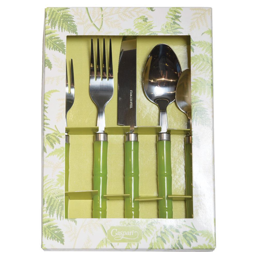 Caspari Bamboo Handle 5-Piece Stainless Steel Picnicware Set in Green CUT001